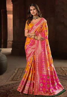 Silk Saree with blouse in Orange colour 10180 Desc: Saree Color : Orange Saree Fabric : Silk Wash Care : Dry clean Sleeve Style : Half Sleeve Long Sleeves : Done only in Custom Stitch Sleeves Lining : Done only in Custom Stitch Bust Size : 32 to 42 Inches Occasion : Festival Christmas Diwali Eid Ceremonial Ganesh Charturthi Dussehra. With Express Free Shipping Buy Indian Party wedding wear Bridal Sarees Silk Saree with blouse in Orange colour 10180 online in USA, UK and Canada from KollyBollyEth Orange Silk Saree, Classic Saree, Patola Silk Saree, Simple Saree Designs, Bridesmaid Saree, Latest Model Blouse Designs, Orange Saree, Indian Party, Sarees Silk