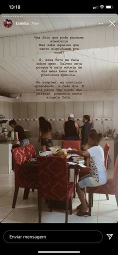 people are sitting at a table in a room with white walls and tile flooring