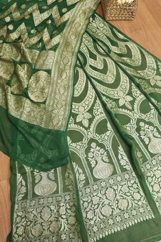 Green Banarasi Georgette Unstitched Lehenga Set