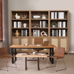 a table with two chairs in front of it and bookshelves on the wall