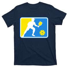 a t - shirt with a man holding a tennis racquet in front of a yellow and blue background