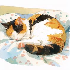 a painting of a cat sleeping on a bed