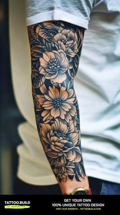 a man's arm with flowers on it and the words get your own design