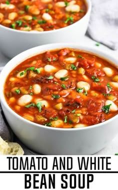 two bowls of tomato and white bean soup with text overlay that reads, tomato and white bean bean soup