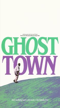 a book cover for ghost town with a man walking up a hill in the background