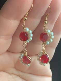 Double Ruby red bead and pearl wrapped earrings. Perfect for a Prom earring or a Wedding. Diy Earrings Pearl, Prom Jewellery, Ruby And Pearl, Red Pearl, Pearl Earrings Wedding, Prom Earrings, Pearl Dangle Earrings, Wrapped Earrings, Prom Jewelry