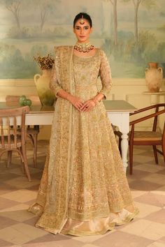 Exquisite GOLDEN BRIDAL Korean Raw Silk Ensemble with Cutwork & Sequins  | Luxury Collection - Latest Pakistani Punjabi Suits Salwar Kameez Designer Wear. Shiny Crystals, Pakistani Salwar Kameez, Salwar Kameez Designs, Luxury Collection, Heritage Collection, Punjabi Suits, Cut Work, Designer Wear, Raw Silk