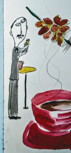 a drawing of a man holding a yellow frisbee next to a cup of coffee