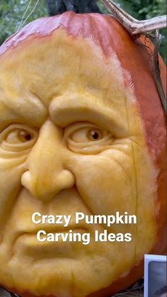 a carved pumpkin with the words crazy pumpkin carving ideas on it's face and head