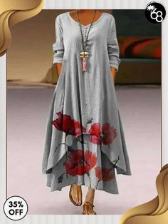 New Pattern Print Long Sleeve Women's Hem Irregular Long Dress Corak Menjahit, Long Sundress, Scarf Women Fashion, Dress Stores Online, Maxi Dress Online, Dresses By Length, Vestido Casual, Style Maxi Dress, Types Of Skirts