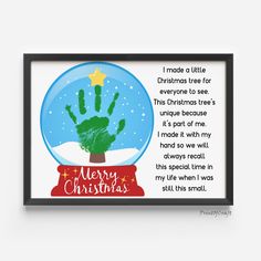 a snow globe with a handprinted christmas tree in it and the words merry christmas written