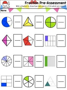 the worksheet for fraction numbers and fractions is shown in blue, green, pink