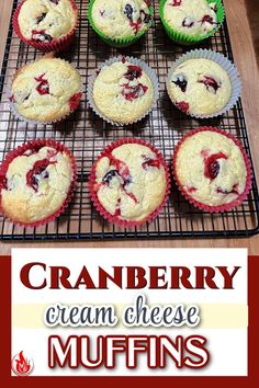 cranberry cream cheese muffins on a cooling rack with text overlay