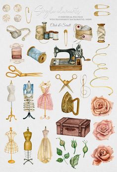 an illustration of sewing related items and flowers on a white background with text that reads,