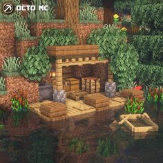 Earthy Minecraft Builds, Camp Site Minecraft, Minecraft Camp Site, Minecraft Campfire Ideas, Minecraft Shed Ideas, Minecraft Shed, Minecraft Campsite, Camp Hope, Construction Minecraft