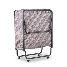 a gray and red striped chair on wheels