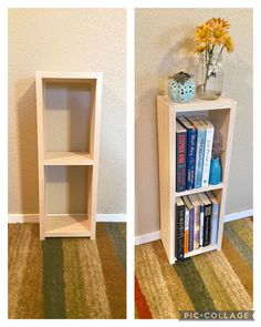 two shelves with books and vases on top of them next to each other in a room