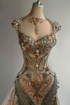 Extravagant Dresses Fairytale, Gem Outfits, Fact Video, Gem Dress, Cleopatra Dress, Empress Dress, Mermaid Corset, Ethereal Dresses, Gold Corset