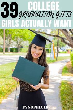 a girl in graduation cap and gown holding a green book with the words 39 most popular college graduation gifts for girls