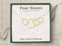 "4 sisters necklace jewelry gift * 4 rings for 4 sisters necklace * Christmas present for sisters of four * Birthday gift for sisters  This listing is for ONE necklace with FOUR interlocking rings You have learned so much from your sisters and can't imagine your life without them. Celebrate your love with with this meaningful necklace, representing your unbreakable bonds. This interlocking circle necklace features 4 rings for 4 beautiful sisters. Each ring is uniquely textured by hand and no two Friendship Necklaces For 4, Sister Christmas Presents, Sisters Necklace, Sisters Jewelry, 4 Sisters, Interlocking Rings, Interlocking Circle Necklace, Meaningful Necklace, Friendship Necklace