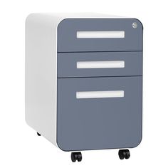 a gray and white filing cabinet on wheels