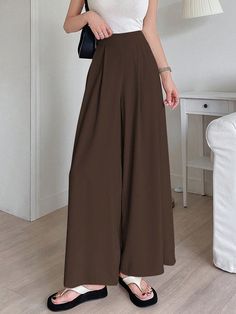 Women's Solid Color Simple Casual Long Pants Brown Casual   Woven Fabric  Wide Leg Non-Stretch  Women Clothing, size features are:Bust: ,Length: ,Sleeve Length: Brown Stretch Wide Leg Dress Pants, Full Length Solid Brown Bottoms, Brown Full-length Solid Color Bottoms, Full Length Brown Bottoms, Brown Stretch Ankle-length Wide Leg Pants, Brown Stretch High Waist Wide Leg Pants, Modest Pants, Pants Brown, Long Pants