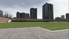 a large grassy field in front of some tall buildings