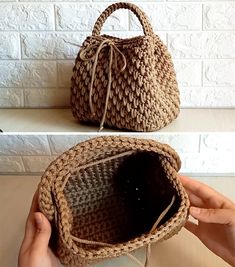 two pictures show the inside of a woven bag, one in brown and one in beige