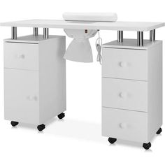 a white desk with two drawers underneath it