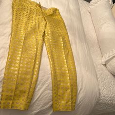 Nwt Loft Zoe Ankle Pants Yellow Gold With Metallic Gold Polka Dots Elegant Yellow Party Bottoms, Gold Straight Pants For Workwear, Gold Straight Pants For Work, Gold Long Pants For Summer, Elegant Fitted Yellow Bottoms, Yellow Pants For Spring Party, Spring Stretch Gold Pants, Elegant Yellow Bottoms For Spring, Yellow Party Pants For Spring