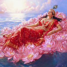 a painting of a woman laying on top of pink flowers