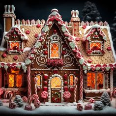 a gingerbread house decorated with candy canes and candies for the holiday season