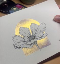 a drawing of a flower with the sun in the background