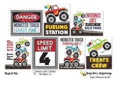 four monster trucks birthday party signs