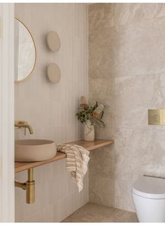 a white toilet sitting next to a bathroom sink under a mirror on top of a wooden shelf