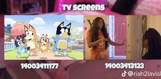 two women are talking to each other in front of a tv screen with cartoon characters on it