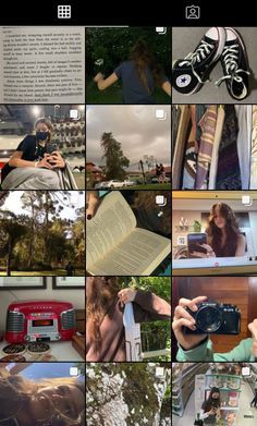 a collage of photos with people taking pictures and writing on them, including an open book