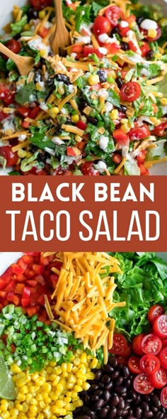 black bean taco salad with peppers, tomato, corn, beans, cheese, and scallions Black Bean Taco Salad, Bean Taco Salad, Creamy Salsa Dressing, Salsa Dressing, Creamy Salsa, Black Bean Tacos, Bean Tacos, Salad Pasta