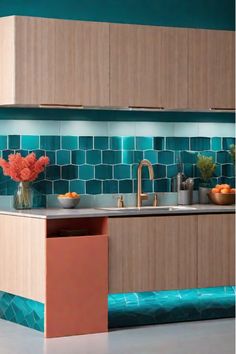 Vibrant compact kitchen featuring teal and coral elements Teal Kitchen Walls, Teal Backsplash, Birch Kitchen Cabinets, Teal Kitchen Cabinets, Kitchen Cabinets And Backsplash, Kitchen Design Small Space, Space Saving Hacks, Teal Kitchen, Space Kitchen