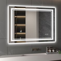 a bathroom mirror that has lights on above it