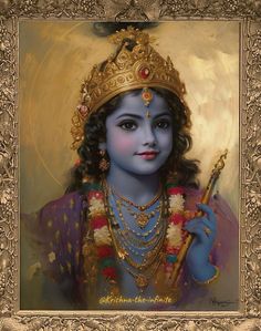 a painting of a woman dressed in blue and gold holding a stick with the words lord rama written on it