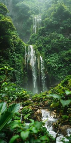 a large waterfall surrounded by lush green trees