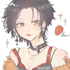 a drawing of a woman with short hair and piercings on her ears, wearing a bra