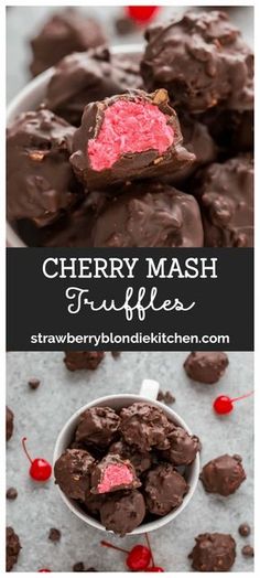 chocolate cherry mash fudges with cherries in the background and text overlay