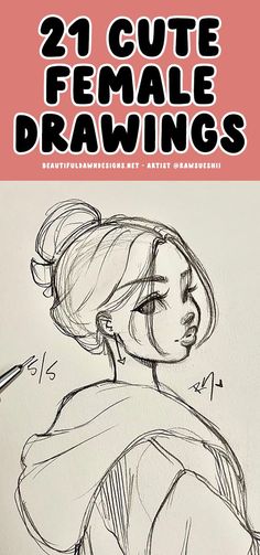 a drawing book cover with the title 21 cute female drawings, featuring a woman's head