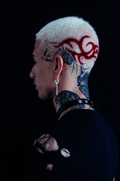 Designs On Shaved Head, Man Hair Design, Shaved Head Tattoo, Man Haircolor, Shaved Head Designs For Men, Mens Hair Designs, Shaved Hair Designs Men, Shaved Colored Hair, Buzzcut Dyed Hair Men