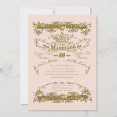 a pink and gold wedding card with an ornate design