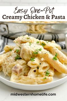 a white plate topped with pasta and chicken