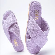 Zara Terrycloth Flat Crossed-Strap Sandals Slipper Lilac Purple New Flat Sandals In Lilac. Terrycloth Effect Upper. Wide Crossed Straps At Front. Starfit. Brand New Without Box. New Flat, Lilac Purple, Zara Shoes, Cross Straps, Terry Cloth, Strap Sandals, Flat Sandals, Color Purple, New Color