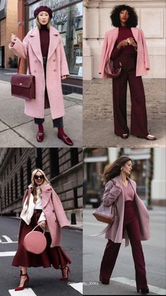 Pink And Red Winter Outfit, 2 Color Combos, Pink And Red Outfit, Pastel Pink Coat, Winter Palette Outfits, Deep Winter Palette Outfits, Fashionable Business Attire, Outfits Modernos, Deep Winter Palette